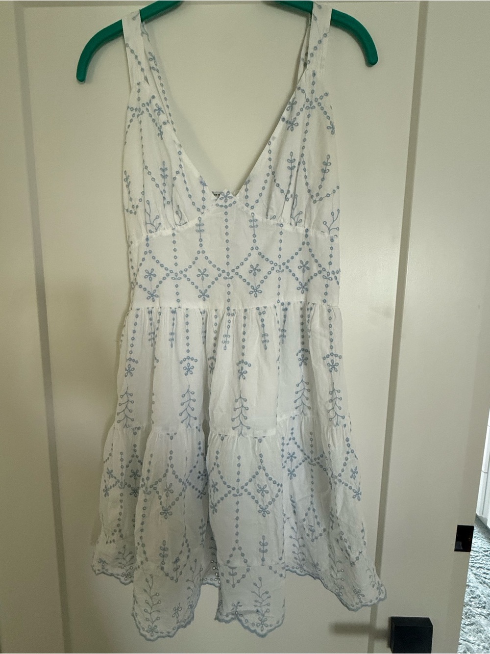 Hollister White Tiered Sundress with Light Blue Embroidery